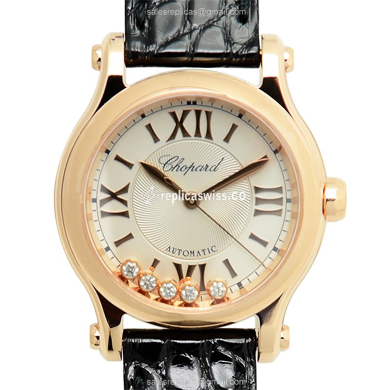 Chopard Happy Sport Replica - Automatic - 18kt Rose Gold - Silver Dial - Black Alligator Strap